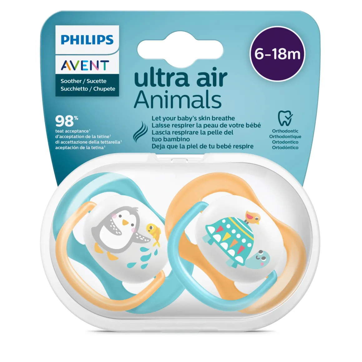 2 ciucci ultra air collection 6-18 mesi con tettarella simmetrica ortodontica- animaletti – philips avent