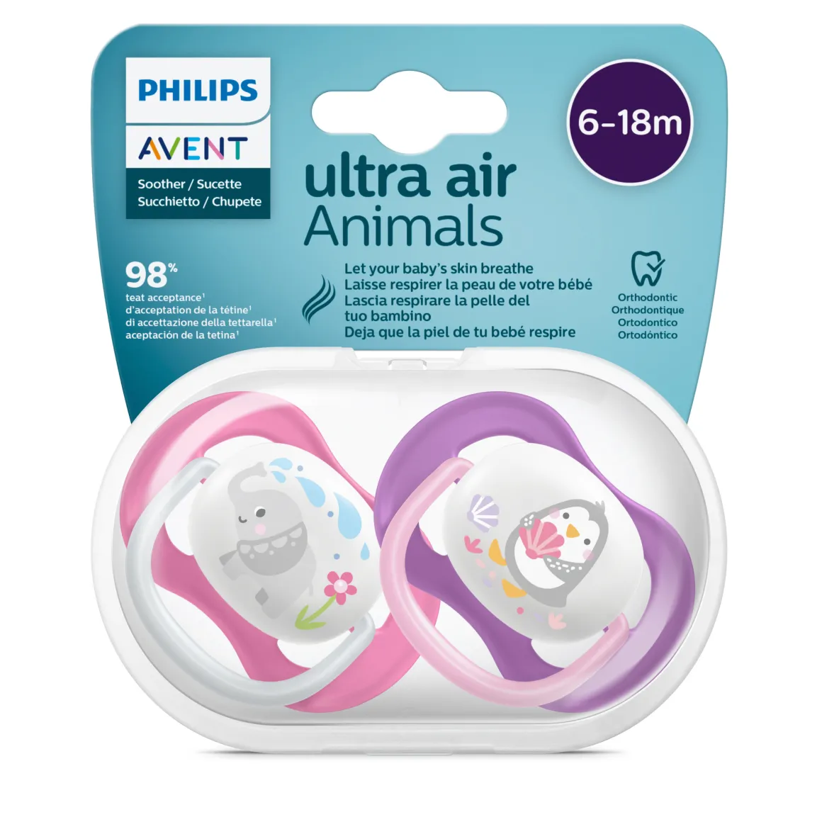 2 ciucci ultra air collection 6-18 mesi con tettarella simmetrica ortodontica- animaletti – philips avent