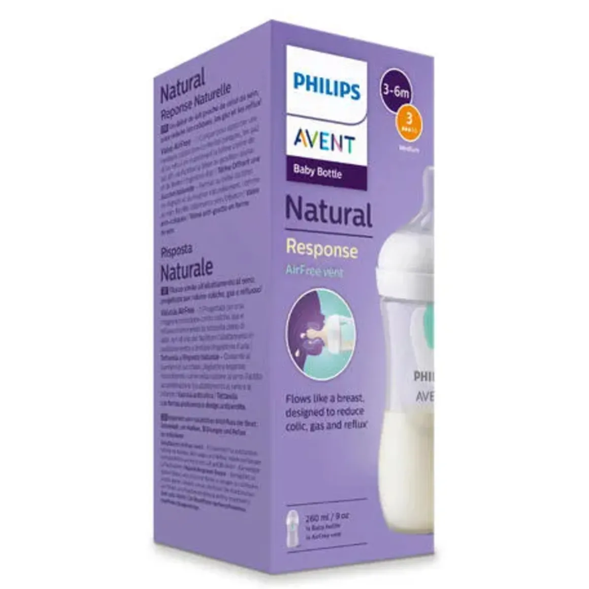 Biberon natural con tettarella a risposta naturale e valvola airfree da 260 ml 3-6m flusso 3 | senza bpa – philips avent