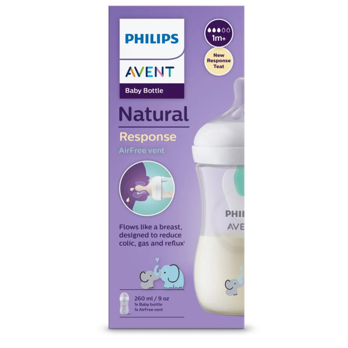 Biberon natural con tettarella a risposta naturale e valvola airfree decorazione elefanti da 260 ml 1m+ | senza bpa – philips avent