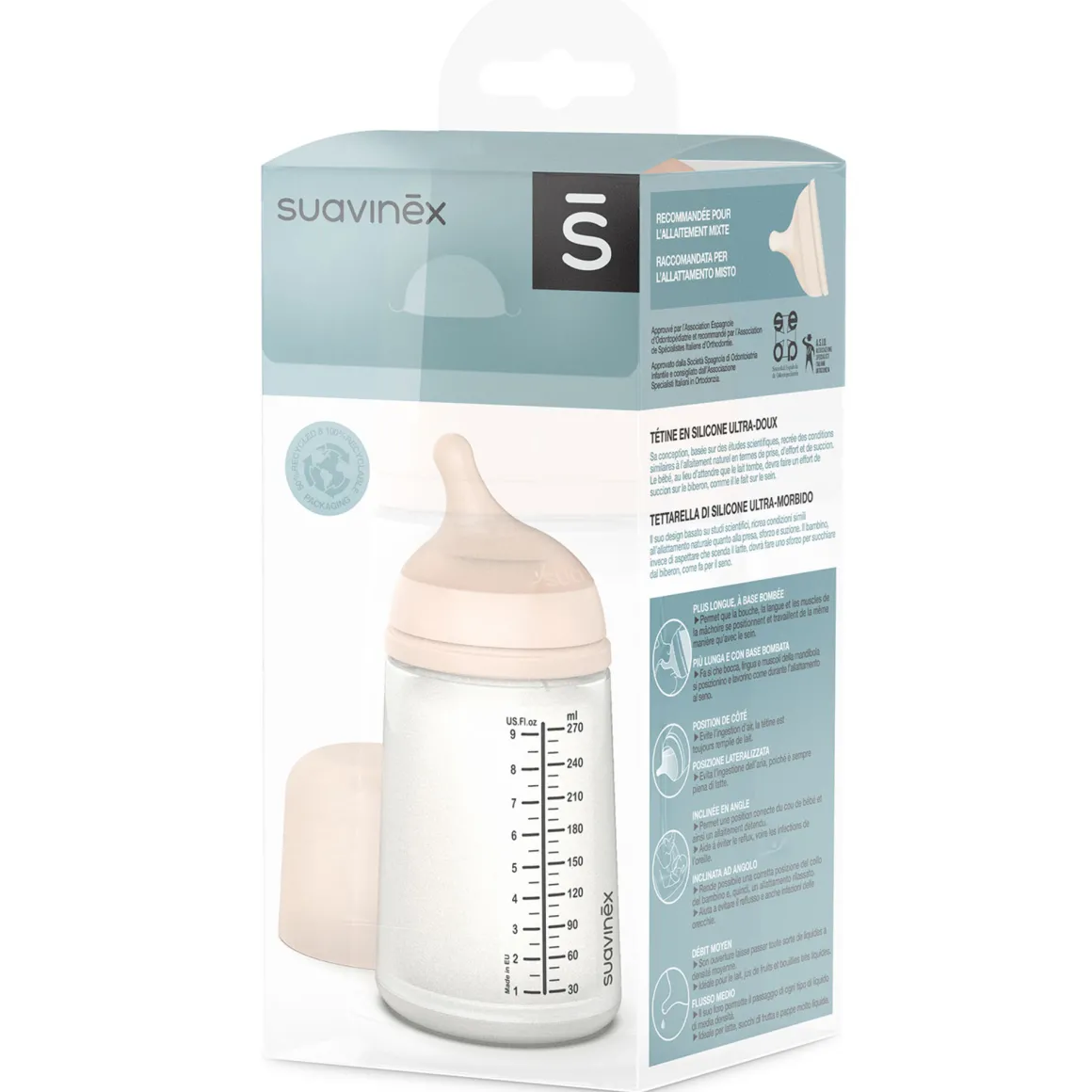 Biberon zero.zero anticolica a flusso medio 270 ml dai +3 mesi – suavinex