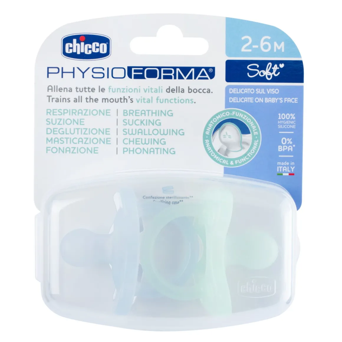 Chicco – physioforma gommotto azzuro/verde in silicone 2 pezzi | 2-6 mesi