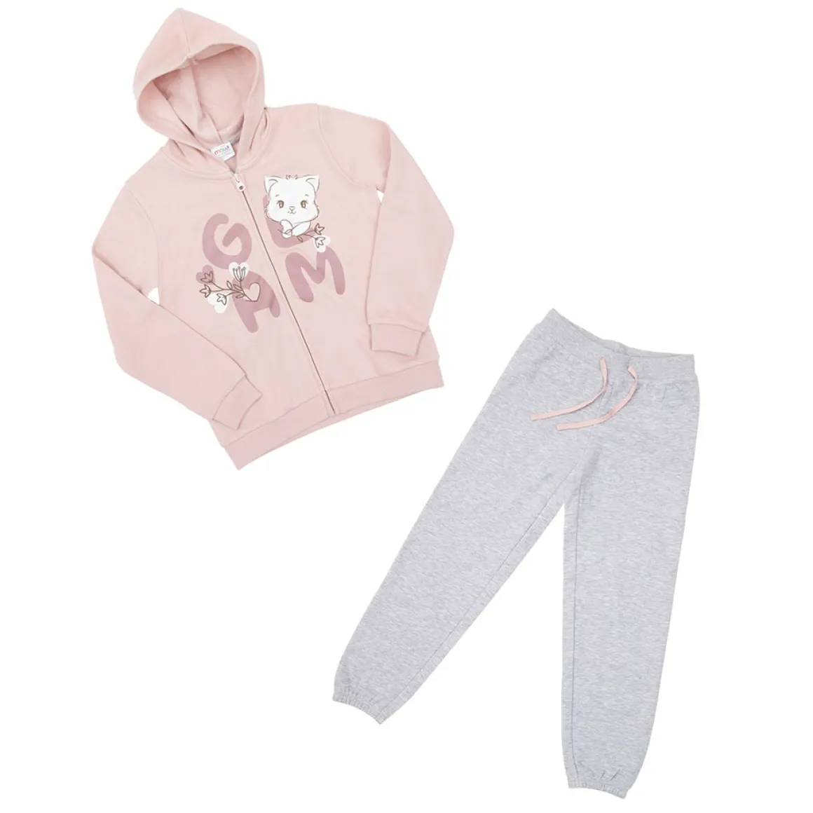 Completo jogging bimba con zip e cappuccio rosa/grigio