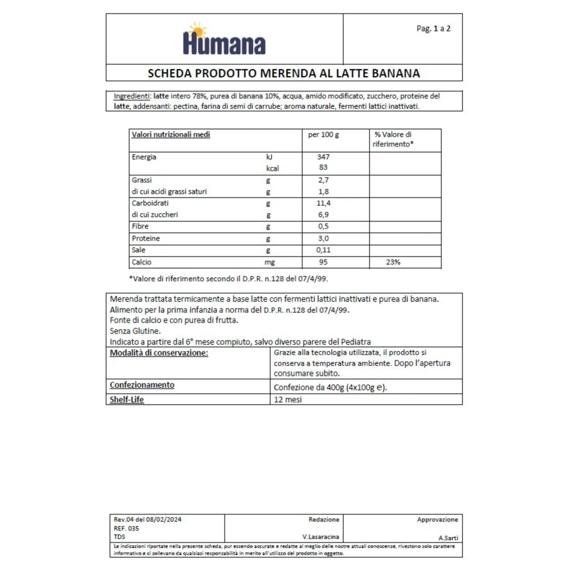 Humana merenda latte banana 4x100gr