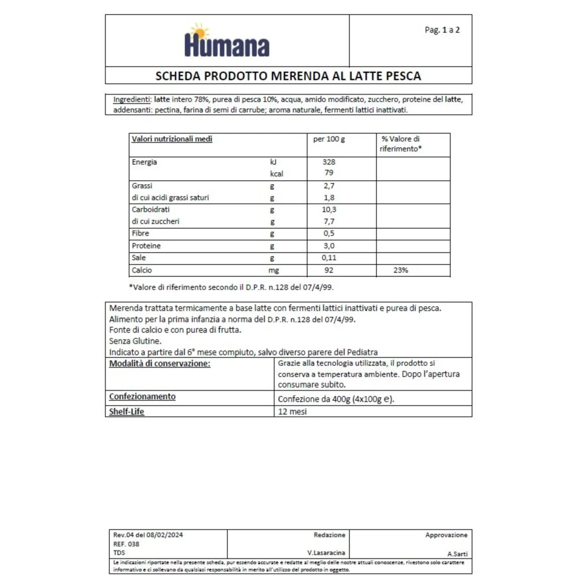 Humana merenda latte pesca 4x100gr