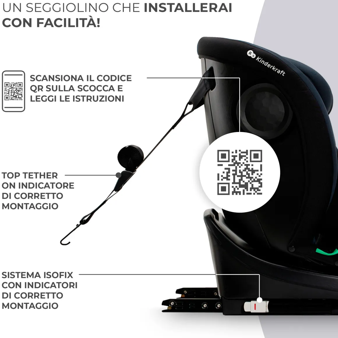 Kinderkraft seggiolino auto i-grow i-size black 40-150cm con base girevole