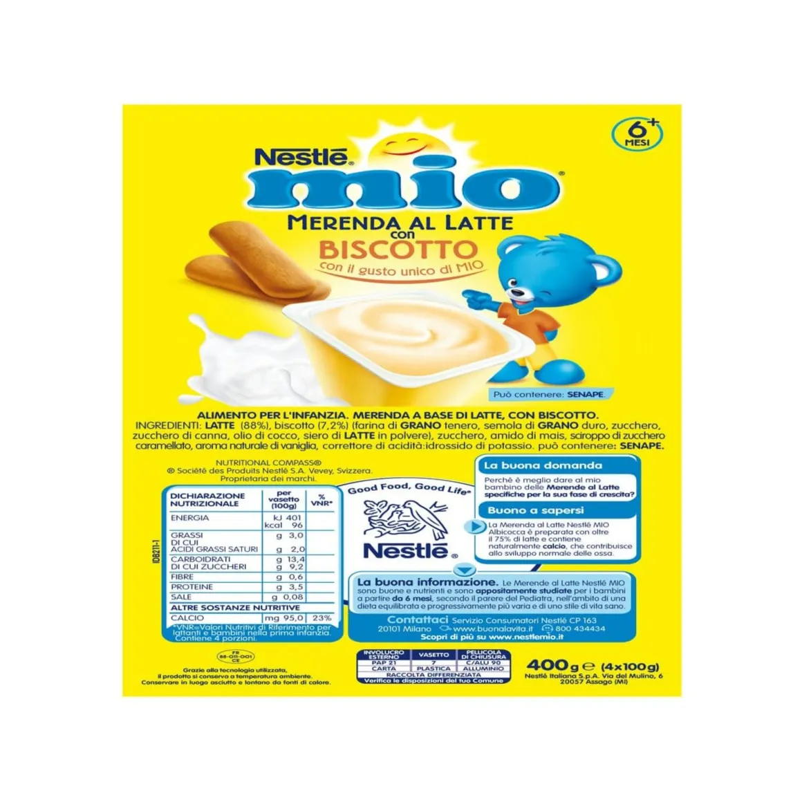 Mio merenda al latte biscotto da 6 mesi – 4 vasetti da 100g – nestlé