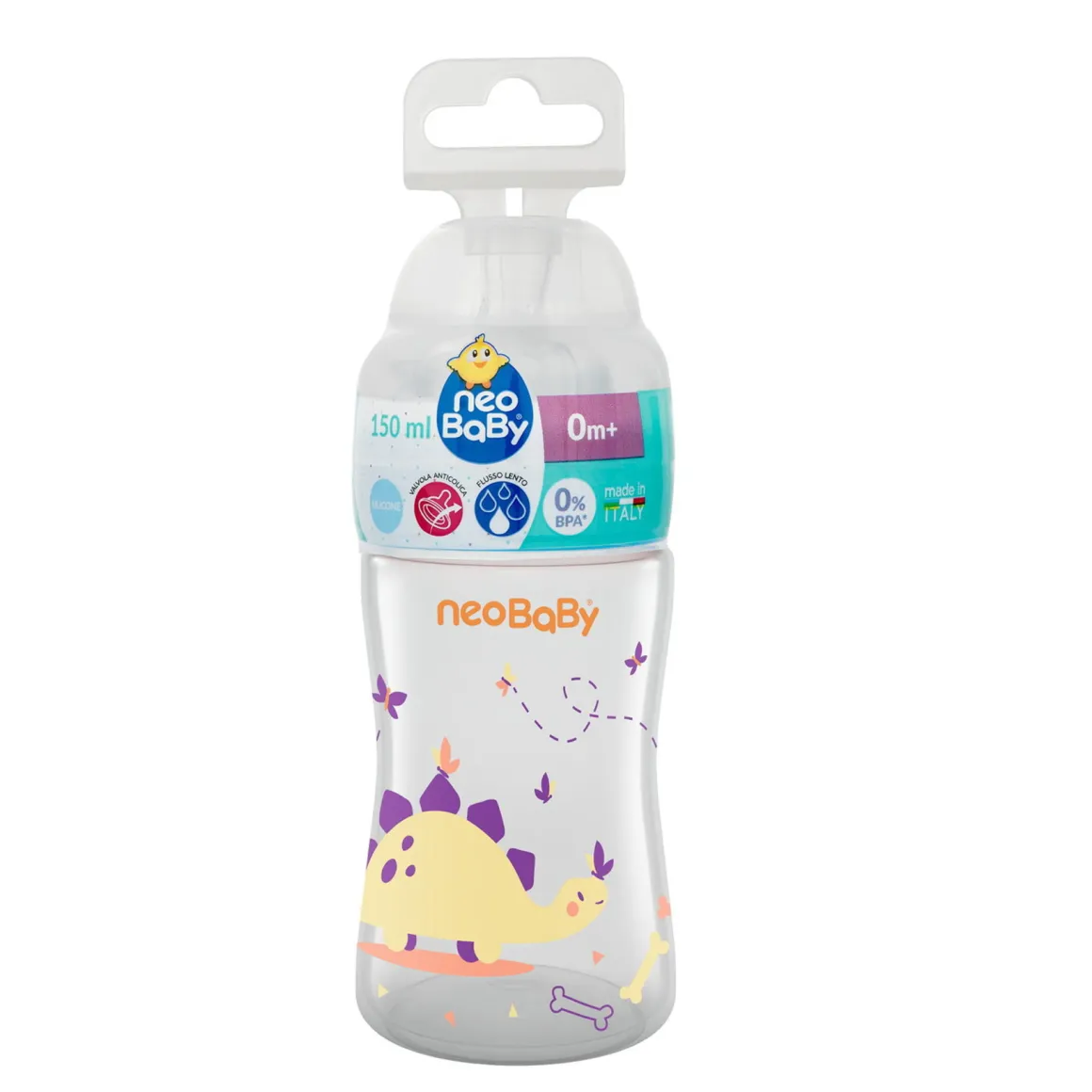 Neobaby biberon plastica collo largo silicone 150ml flusso lento arancione 0m+