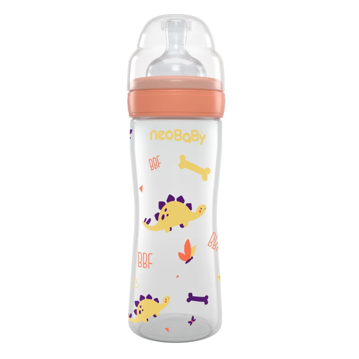 Neobaby biberon plastica collo largo silicone 250ml flusso regolabile arancione 2m+
