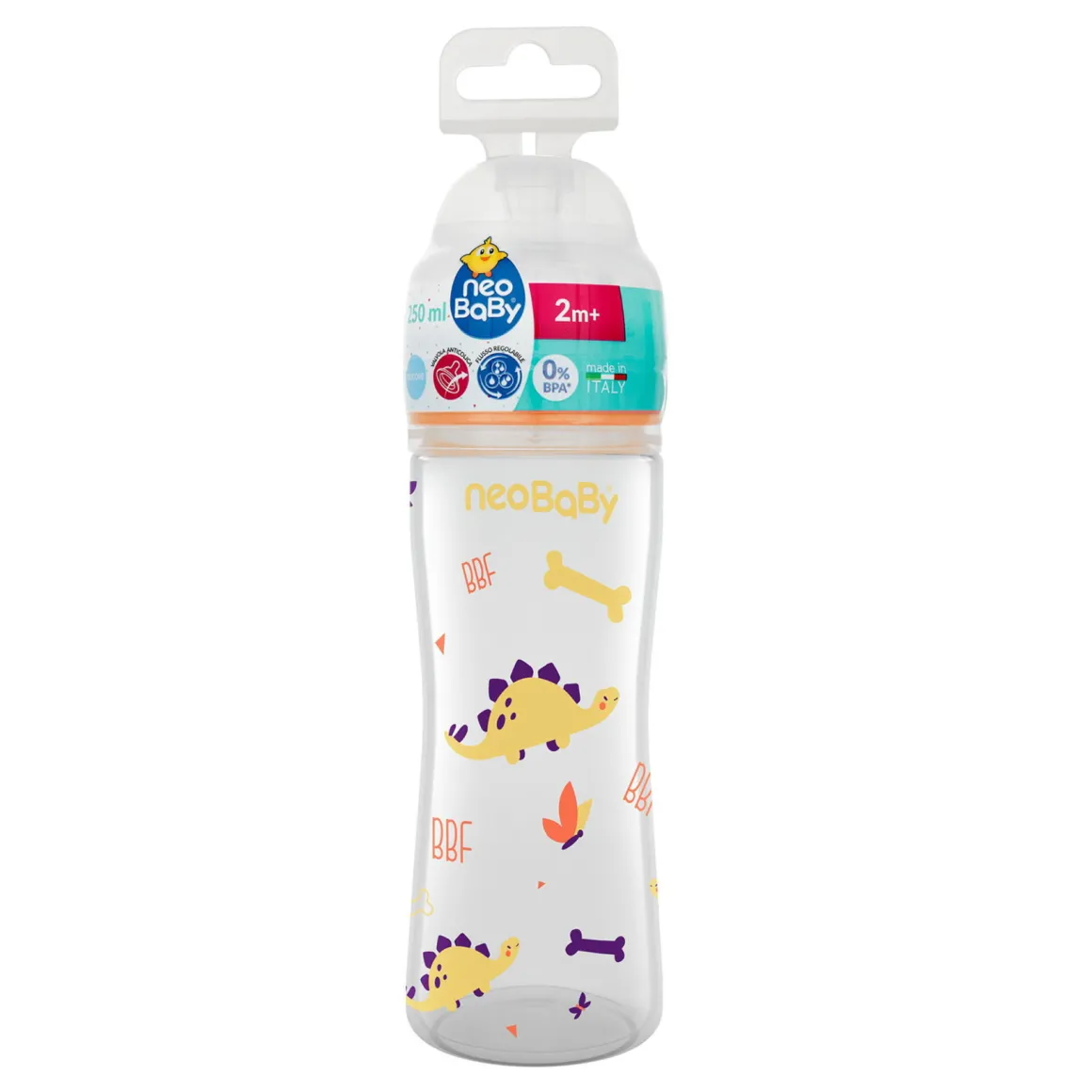 Neobaby biberon plastica collo largo silicone 250ml flusso regolabile arancione 2m+