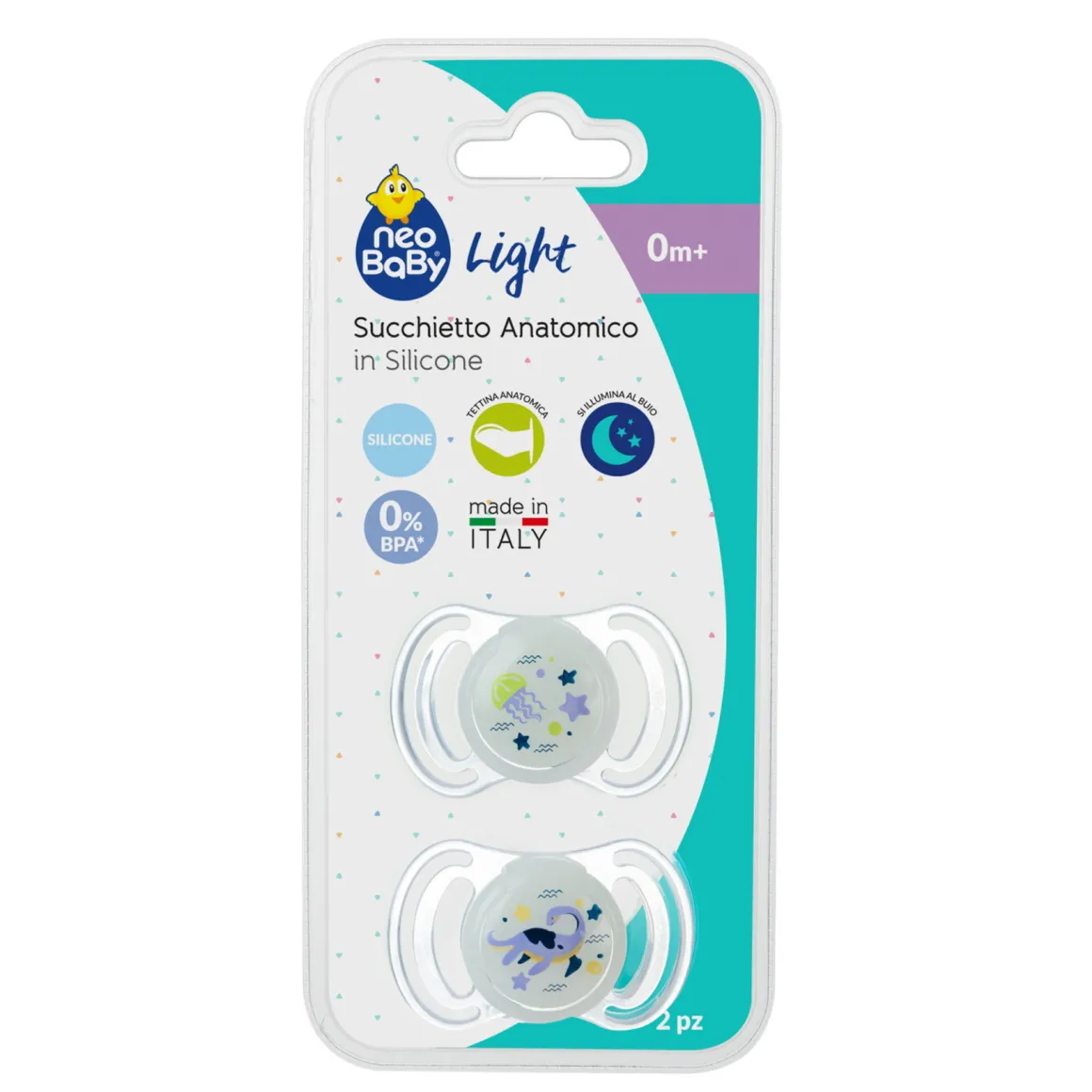 Neobaby succhietto anatomico silicone mini 0m+ glow 2pz