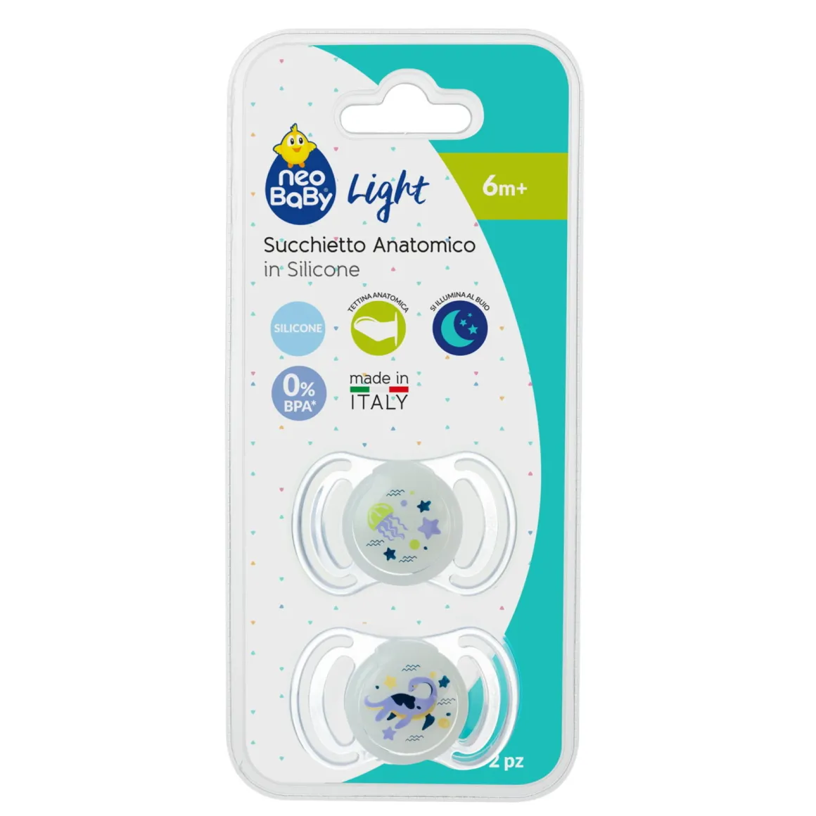 Neobaby succhietto anatomico silicone medio 6m+ glow 2pz