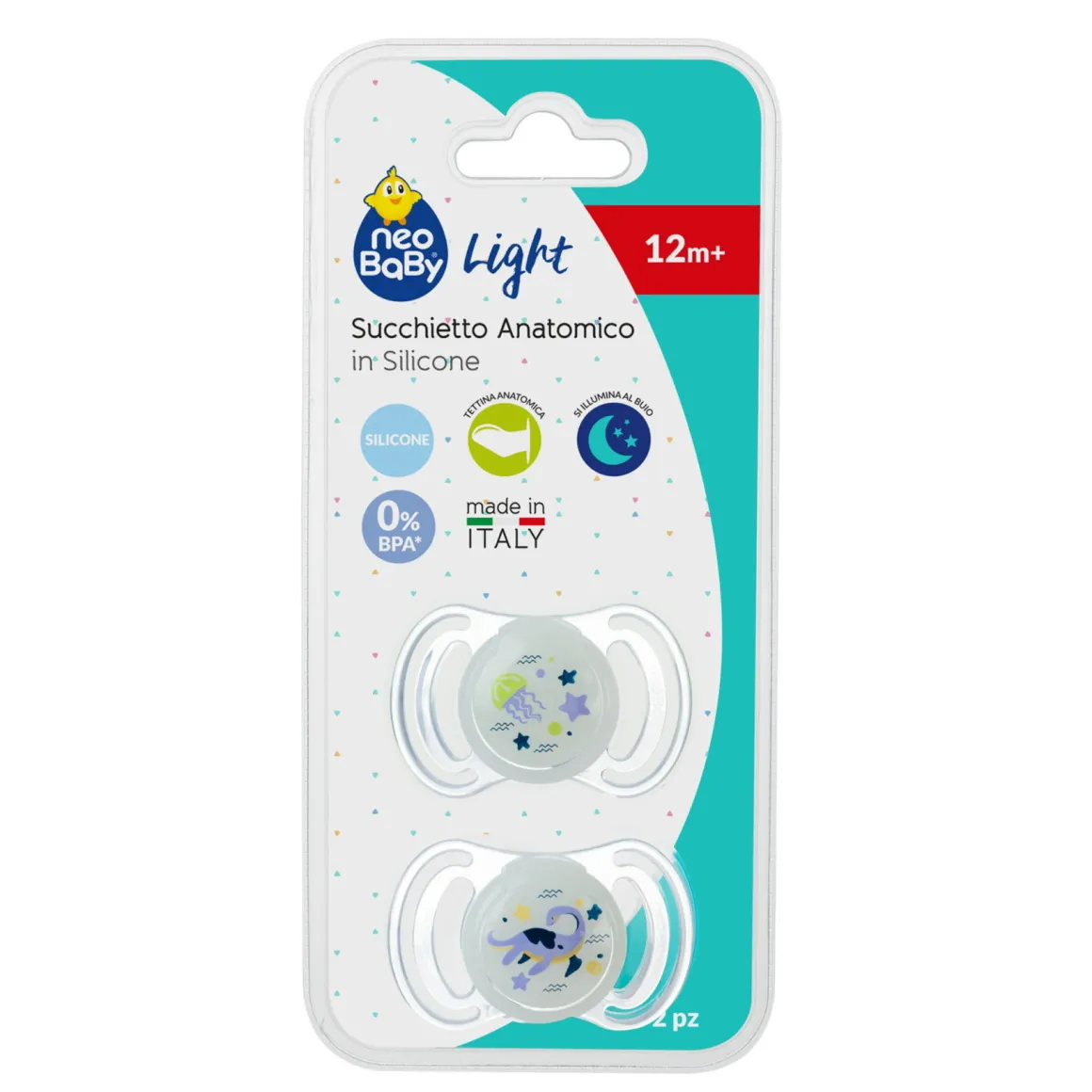 Neobaby succhietto anatomico silicone maxi 12m+ glow 2pz