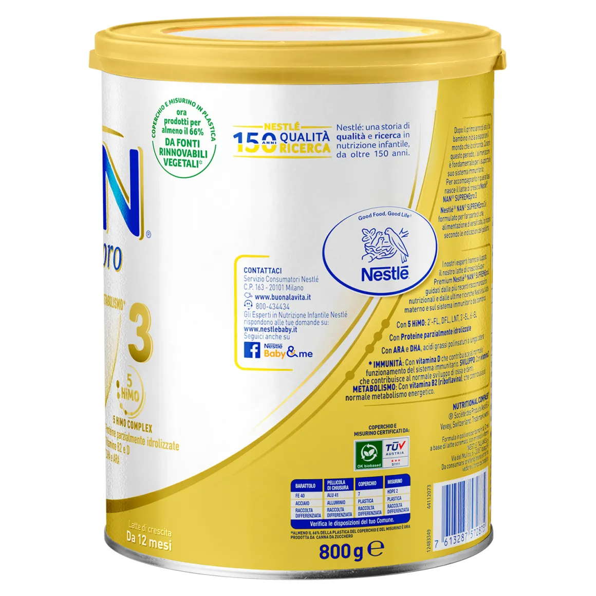 Nestlé nan supremepro 3, da 12 mesi. latte di crescita in polvere, latta da 800g