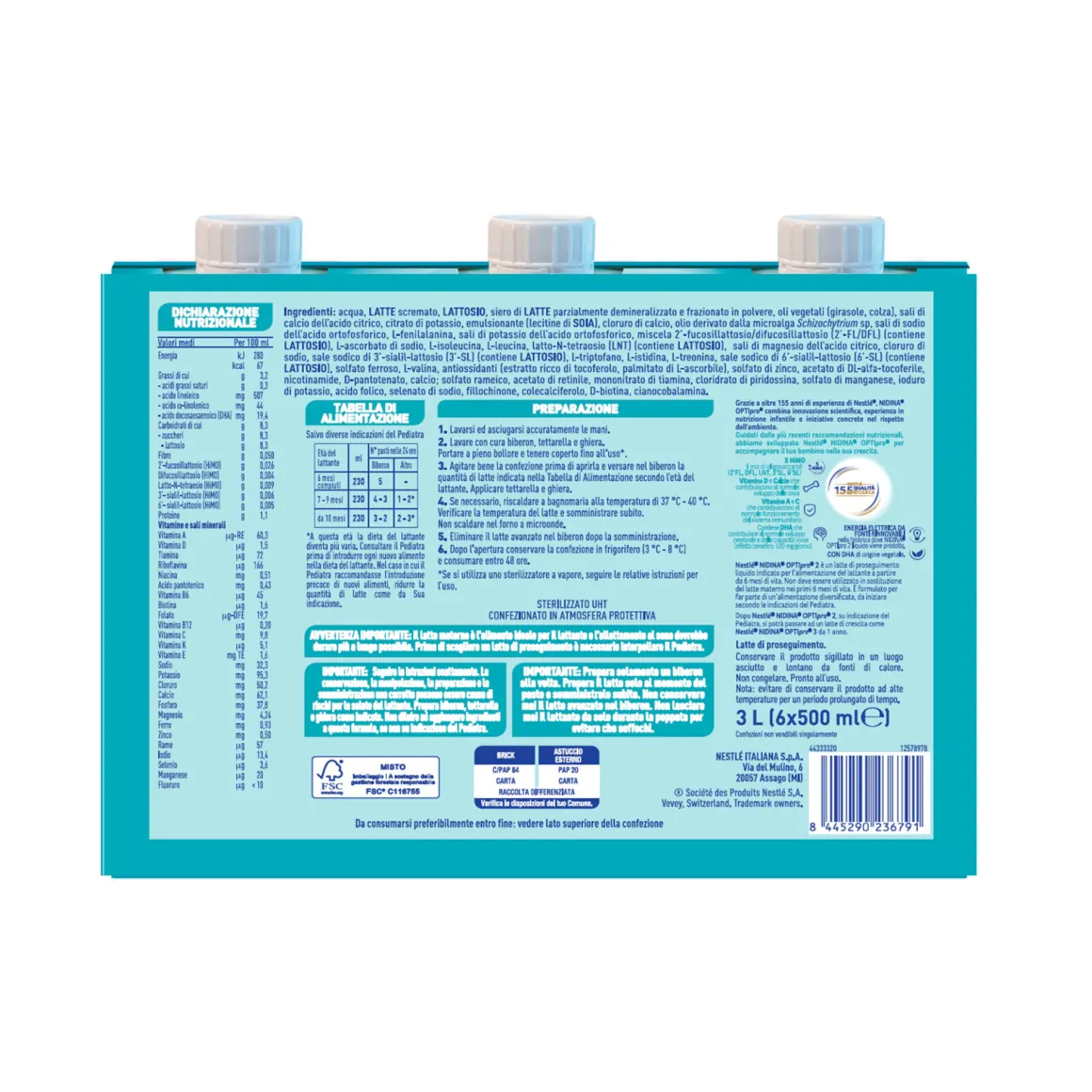 Nidina optipro 2 latte di proseguimento liquido da 6 mesi, 6 brick da 500ml (3l) – nestlé