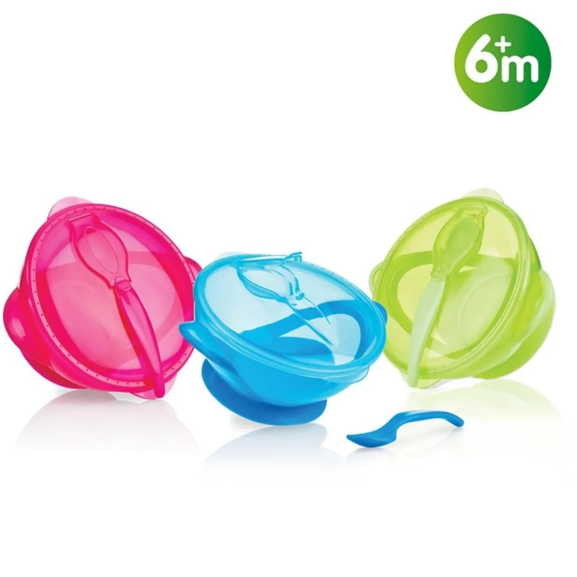 Nuby scodella 300ml con ventosa, coperchio e cucchiaino, assortita