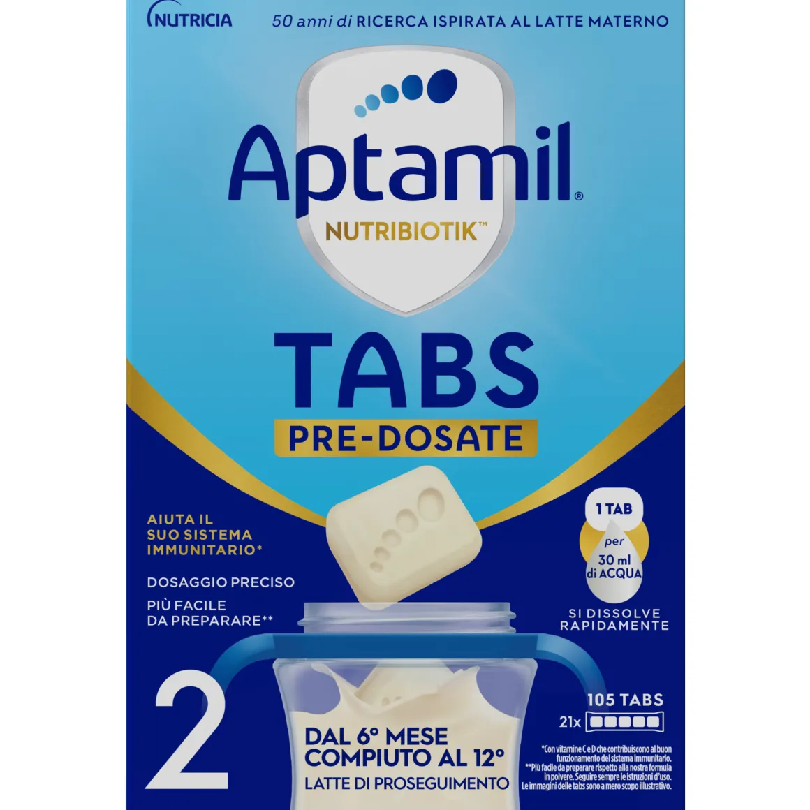 Nutribiotik tabs 2 pre-dosate – latte di proseguimento in tabs 6-12 mesi – 21 bustine (105 tabs) – aptamil