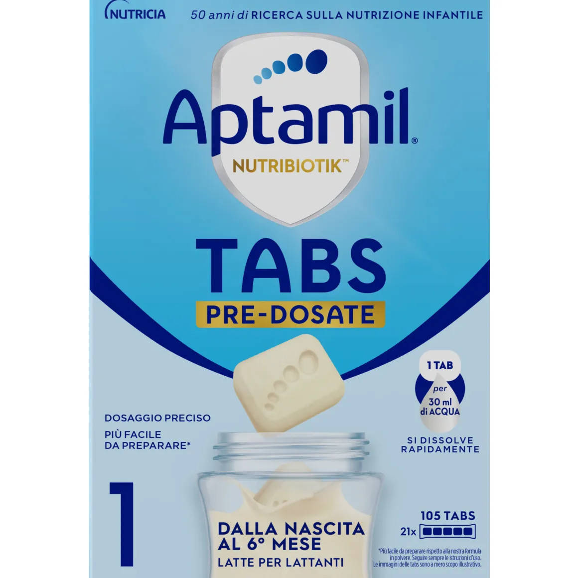 Nutribiotik tabs 1 pre-dosate – latte per lattanti in tabs 0-6 mesi – 21 bustine (105 tabs) – aptamil