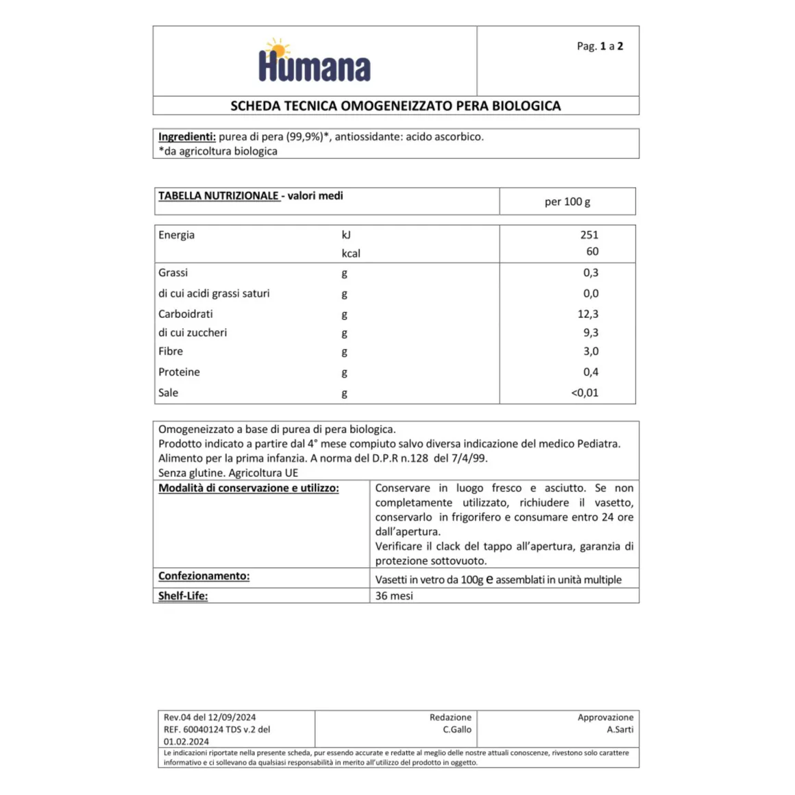 Omogeneizzato biologico pera 4x100g – humana