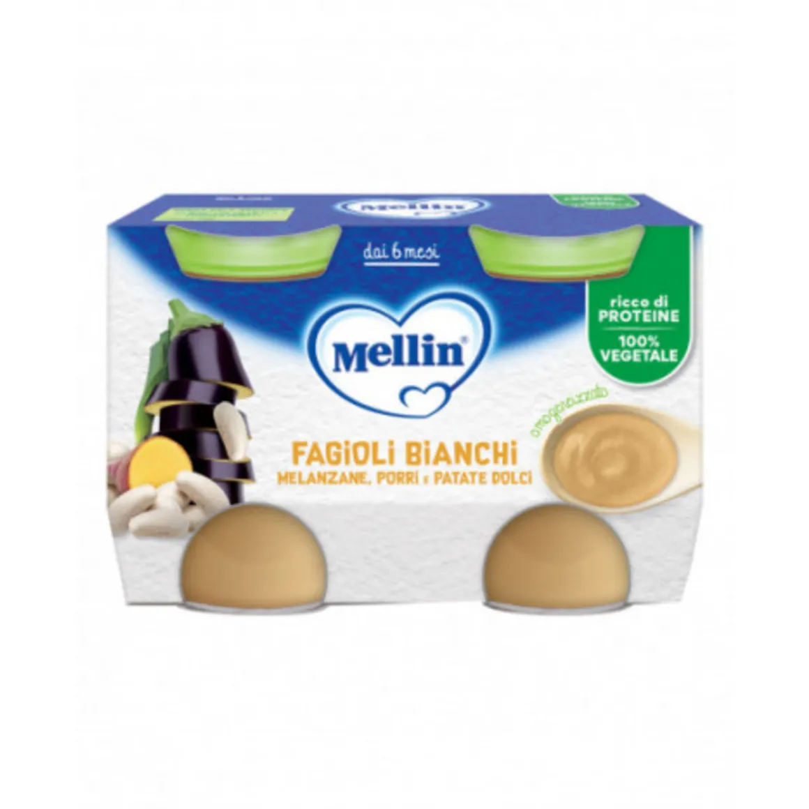 Omogeneizzato fagioli bianchi e melanzane 2 pezzi da130 g – mellin