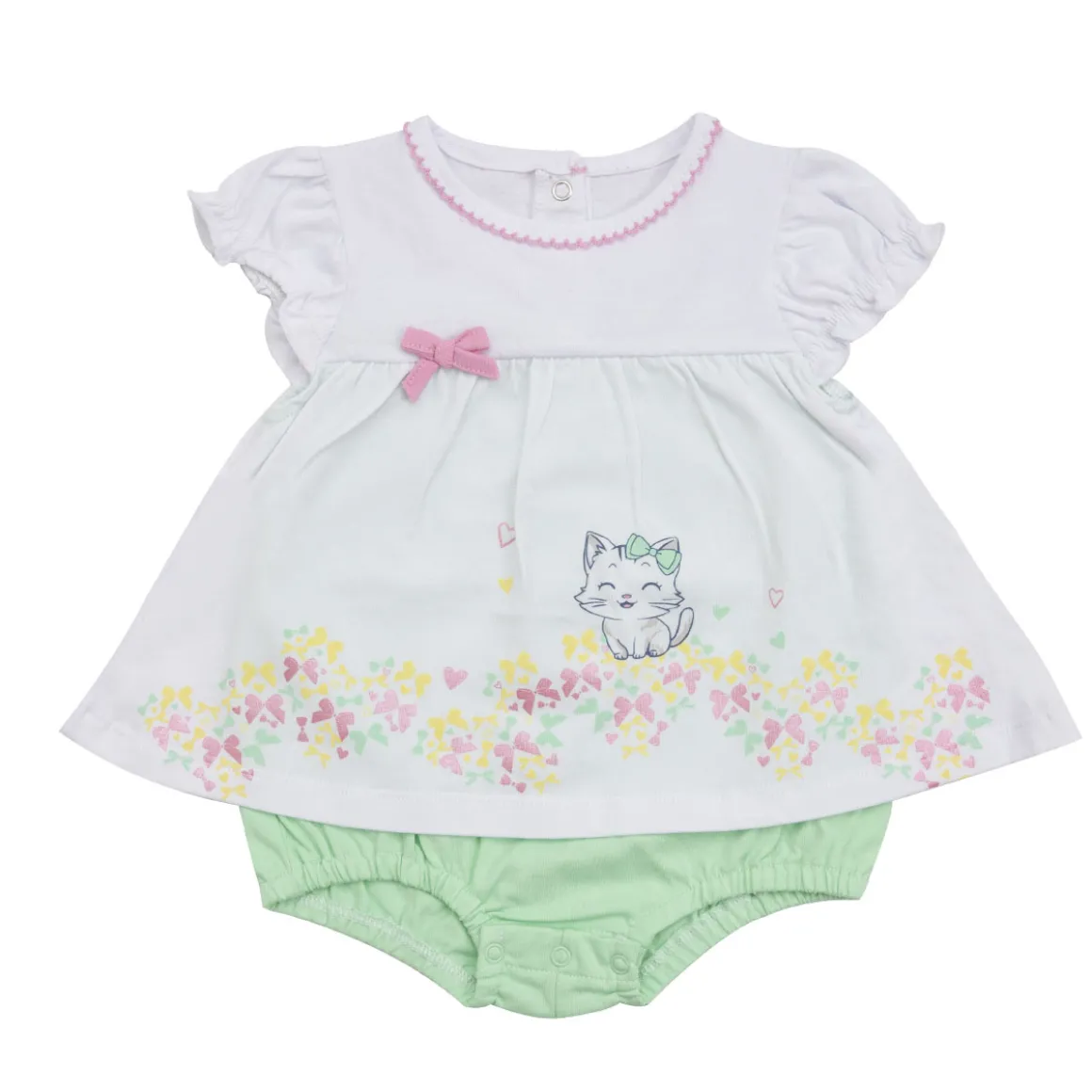 Pagliaccetto jersey bimba bianco gattino e fiocchi