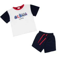 Set 2 pezzi maglietta mezza manica + pantaloncino bimbo bianco/blu