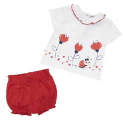 Set 2 pezzi t-shirt e pantaloncino bimba floreale bianco/rosso
