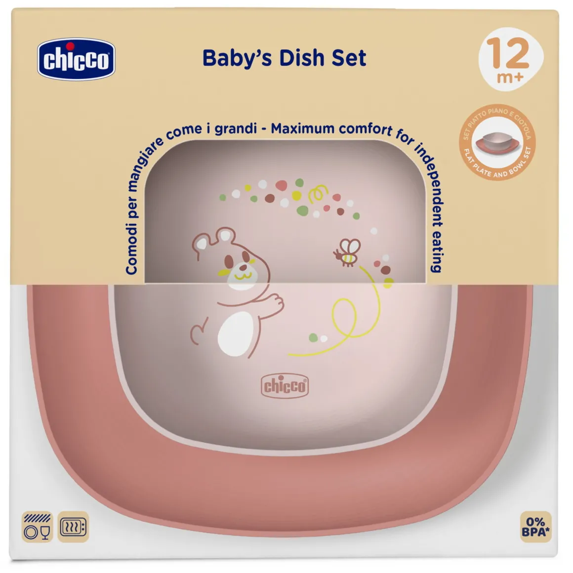 Set piatto piano e ciotola 12m+ rosa – chicco