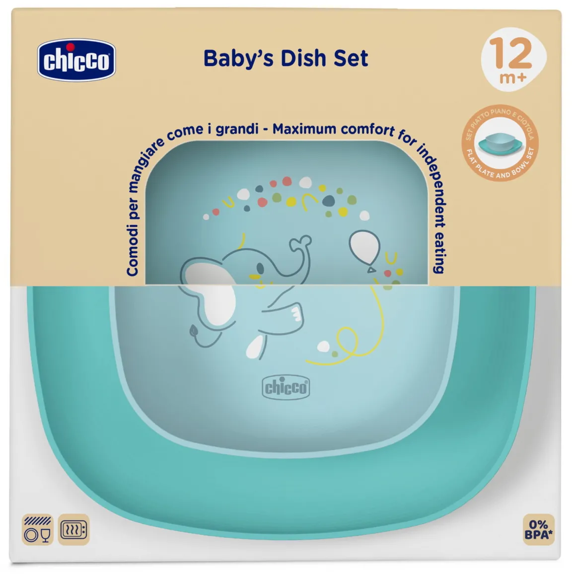 Set piatto piano e ciotola 12m+ azzurro – chicco
