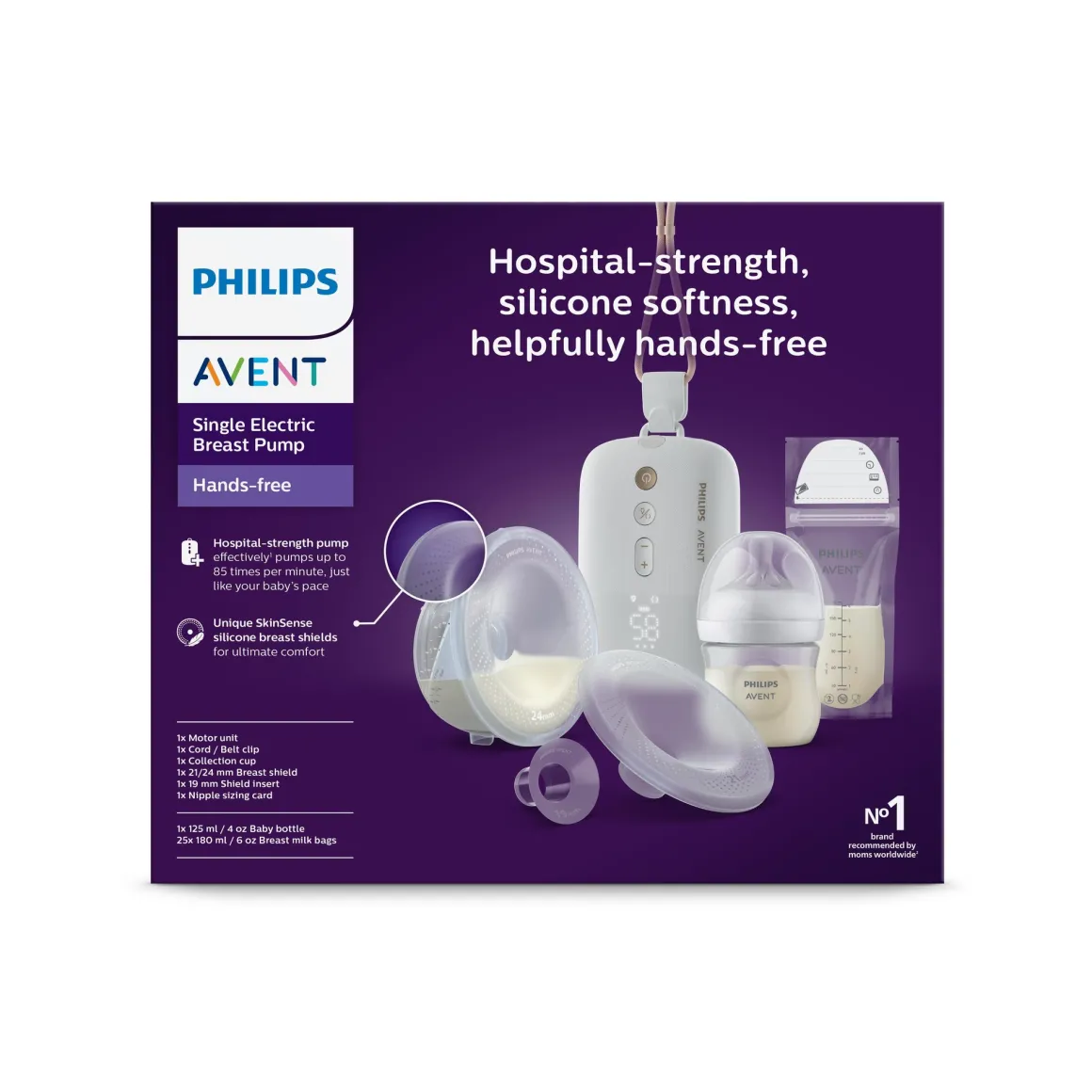Set tiralatte elettrico indossabile singolo hands free + biberon natural response 125ml + sacchetti conserva latte – philips avent
