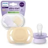 Succhietti ultra start 0-2m day pastello giallo e viola, a base vegetale – set da 2 ciucci – philips avent