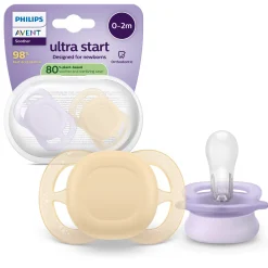 Succhietti ultra start 0-2m day pastello giallo e viola, a base vegetale – set da 2 ciucci – philips avent