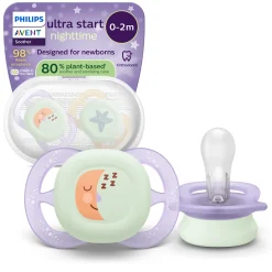 Succhietti ultra start 0-2m night pastello viola e arancione luna e stella, a base vegetale – set da 2 ciucci – philips avent