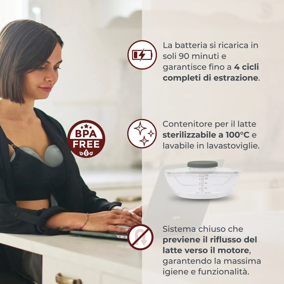 Tiralatte elettrico indossabile singolo materno flow a 3 fasi – nuvita